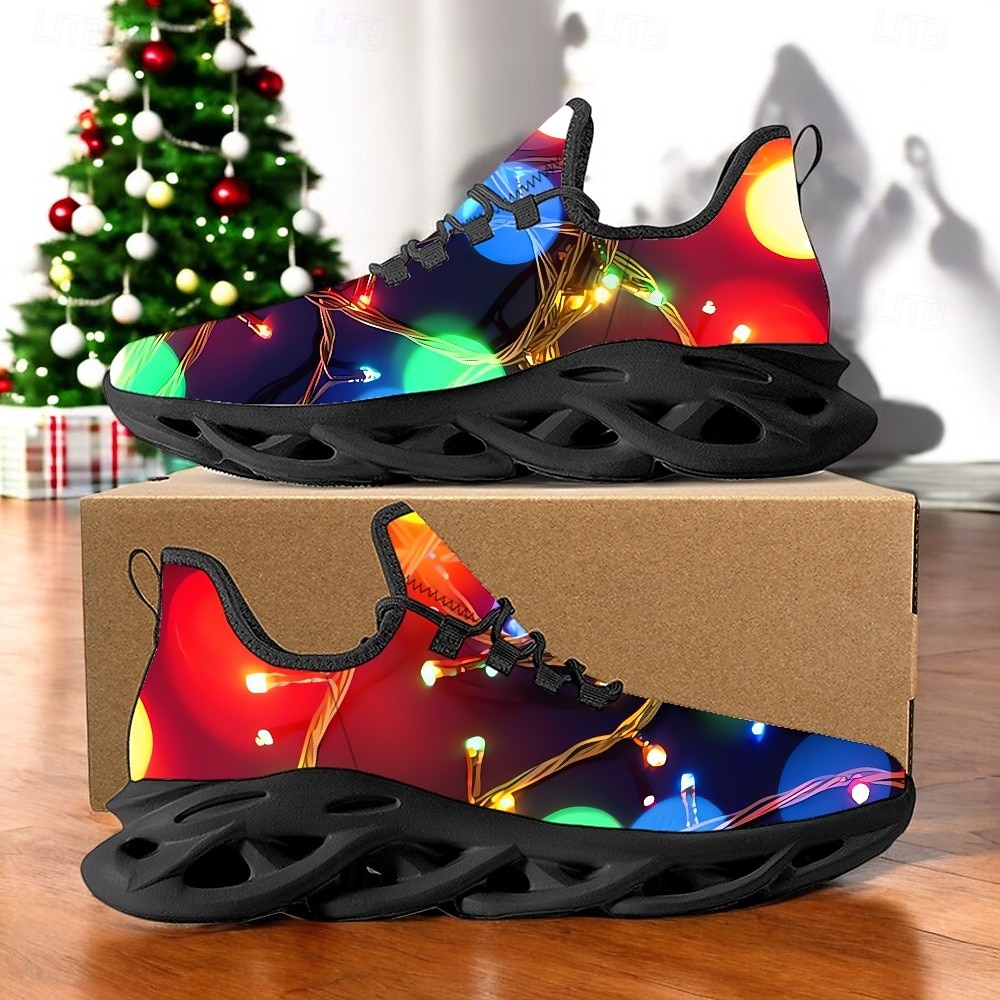 2026年 メンズのクリスマス LED ライトアップ プリント スニーカー - 鮮やかなホリデー グロー デザインとブラック ソール  コレクション – $34.99 –P1