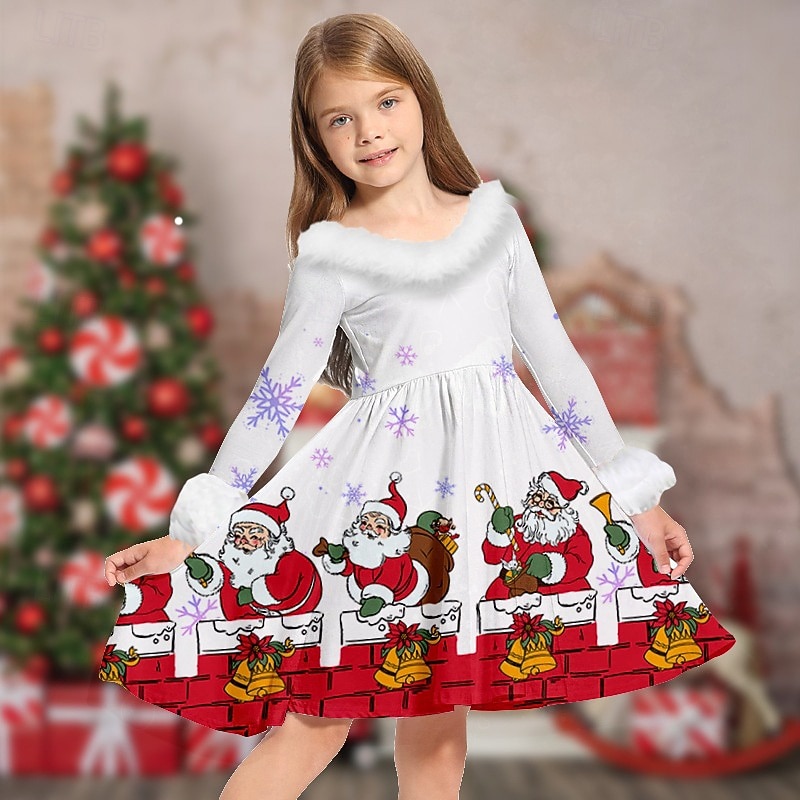 Copii Fete Rochie de Crăciun Rochie Rochie cu fulg de nea Mos Craciun Fiecare Om de Zăpadă Manșon Lung Casual Γούνινος Γιακάς Crewneck Elegant Adorabil Poliester Sub Genunchi Rochie casual Rochie 2025 - $24.99 –P7