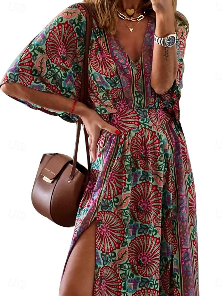 Femme Robe Maxi Robe casual Robe Évasée Robe Trapèze robe boheme Décontractées du quotidien Standard Floral Demi Manches Col V Fuchsia Eté Printemps Automne de 2025 ? $33.99 –P3