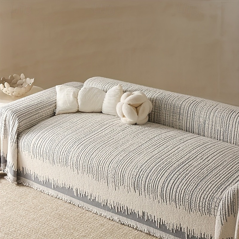 Thickened Sofa Blanket Autumn And Winter Gradient Striped Jacquard Half Velvet Sofa Towel With Tassels Multi-functional Blanket 2025 - $45.99 –P5