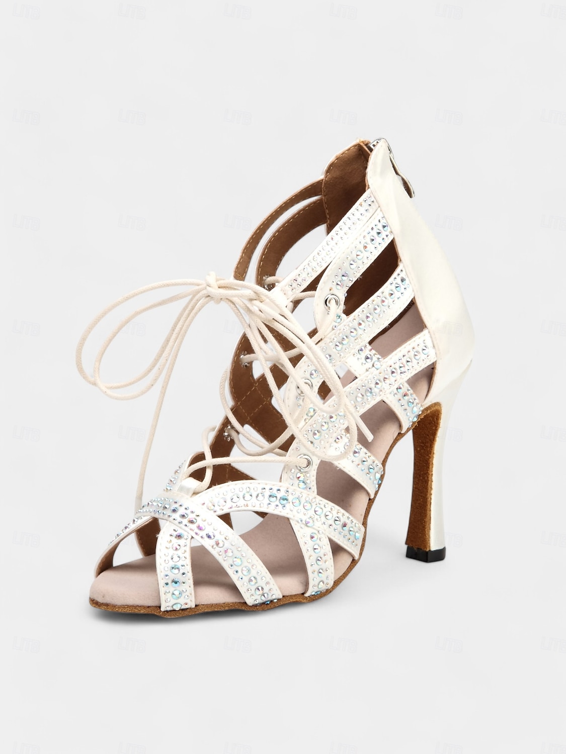 chaussures de danse latine en satin pour femmes avec lanières en cristal, bout ouvert et talon aiguille - parfaites pour la danse de salon et la performance de 2025 ? $54.99 –P7