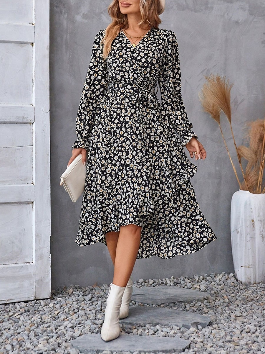 Femme Robe mi-longue Robe casual Robe Évasée Robe Portefeuille Robe Trapèze Décontractées du quotidien Standard Floral manche longue Col V Noir Violet Vert Eté Printemps Automne de 2025 ? $41.99 –P9