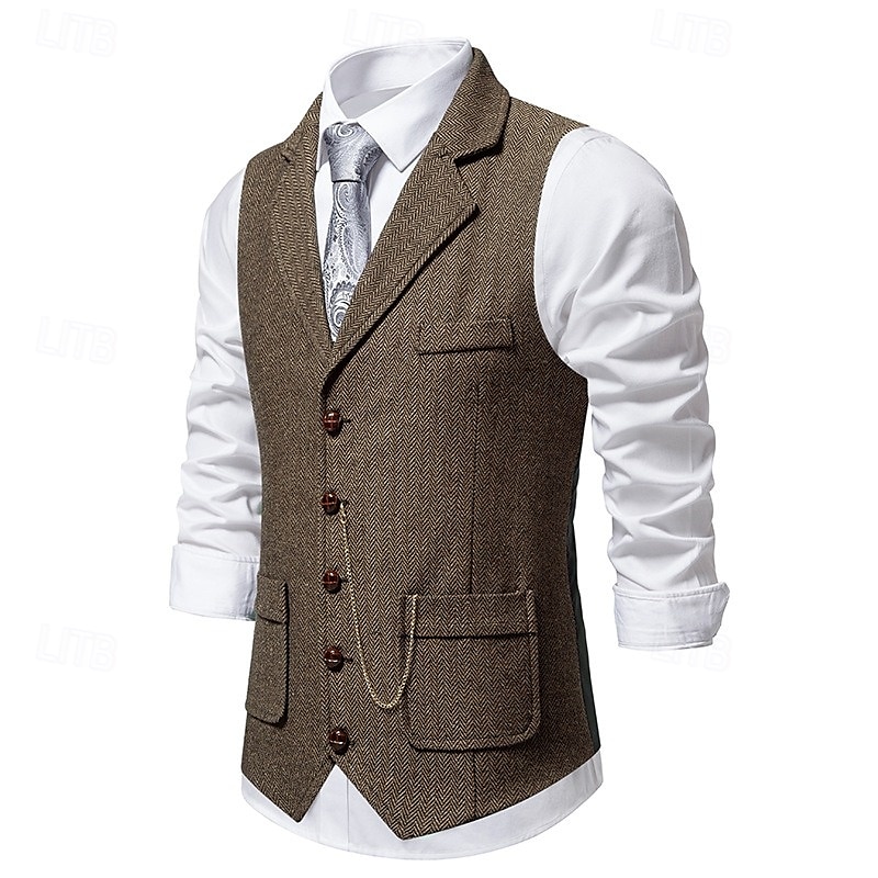 Bruin Grijs Heren Haringbeen Tweed Vest Standaard Pasvorm Notch Enkele Knopen Vijf-knopen 2025 - $37.99 –P3