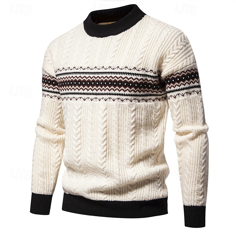 Men's Pullover Sweater Jumper Knit Sweater Fair Isle Pullover Sweater Ribbed Cable Knit Regular Knitted Color Block Crew Neck Fashion Basic Daily Wear Date Clothing Apparel Fall & Winter Black White 2025 - $42.99 –P5