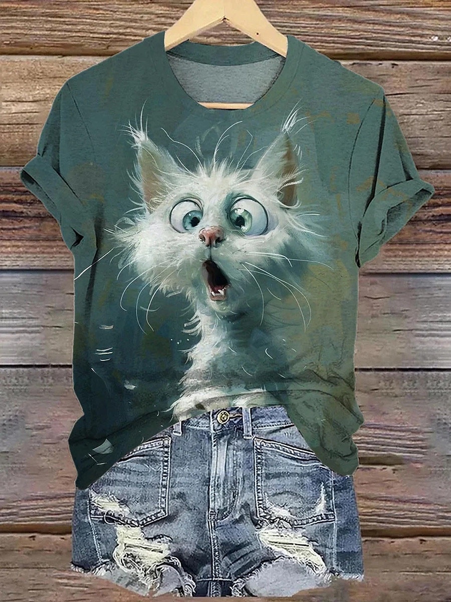 Dame T skjorte Katt Fritid Kortermet Rund hals Vanlige topper Daglig Trykt mønster Grønn Sommer 2025 - $19.99 –P1