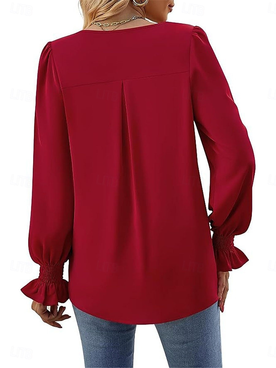 Per donna Camicia Blusa Tinta unica Essenziale Informale Manica lunga A V Top regolari Giornaliero Rosso Fucsia Cachi Autunno Inverno del 2025 a $21.99 –P8