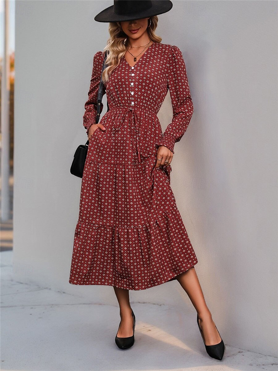 Femme Robe mi-longue Robe casual Robe Évasée Robe Trapèze Décontractées du quotidien Standard Floral manche longue Col V Vin Printemps Automne de 2025 ? $50.99 –P1