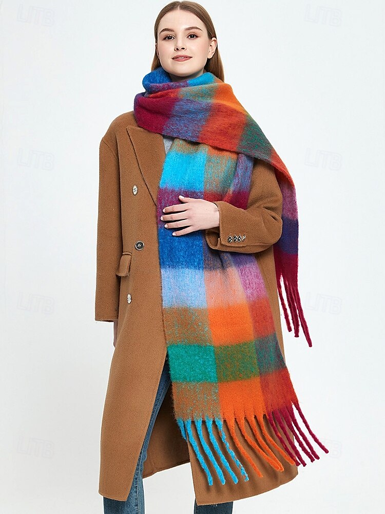 Bufanda de invierno de gran tamaño con cuadros coloridos para mujer | Chal suave y cálido similar a la lana con borlas | Accesorio moderno para clima frío para atuendos casuales y formales 2025 - $14.99 –P3
