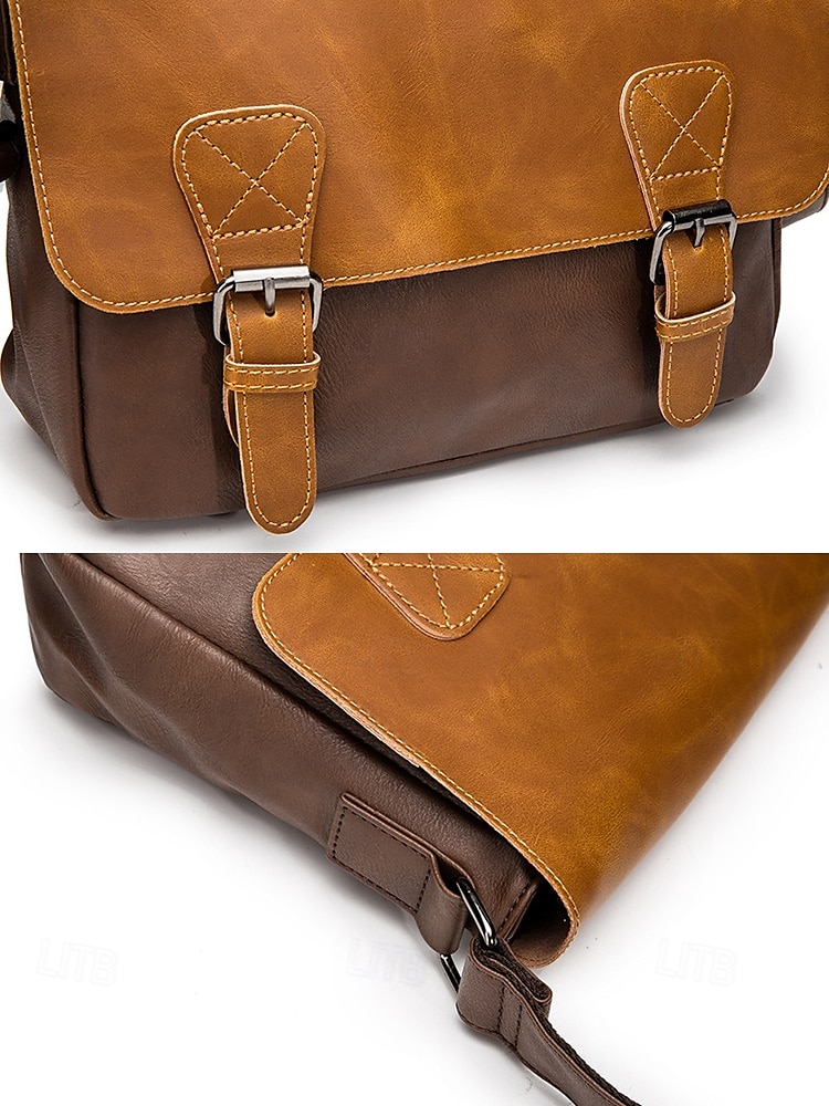 Bolso de mensajero vintage de piel sintética para hombre con correa ajustable: diseño duradero de dos tonos para uso laboral y casual 2025 - $29.99 –P10