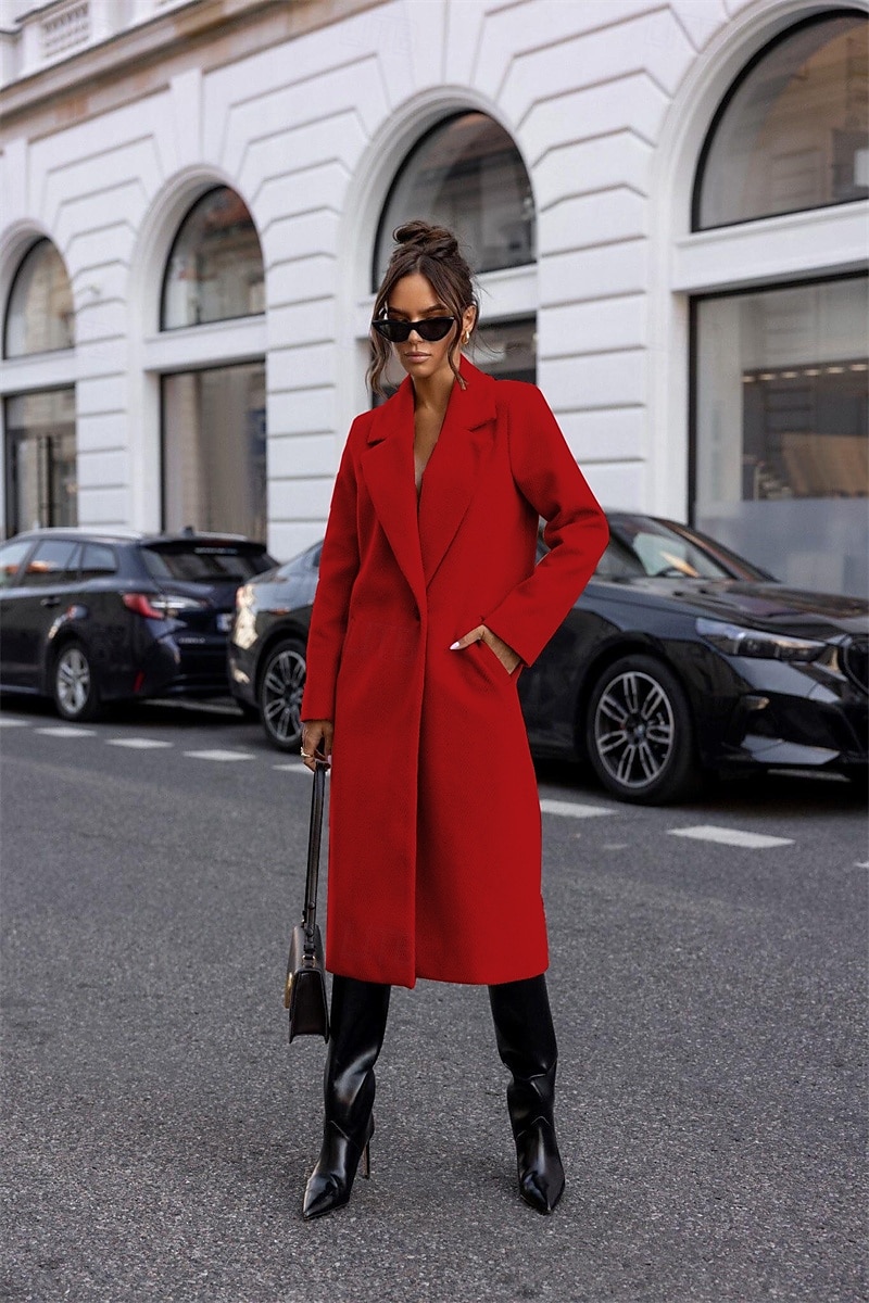 Mujer Abrigo Mantiene abrigado Cómodo Botones Bolsillo Elegante Color sólido Casual Diario Botonadura Simple Largo Diseño Ajuste regular Manga Larga Ropa de calle Negro Blanco Rojo Invierno 2025 - $50.99 –P2