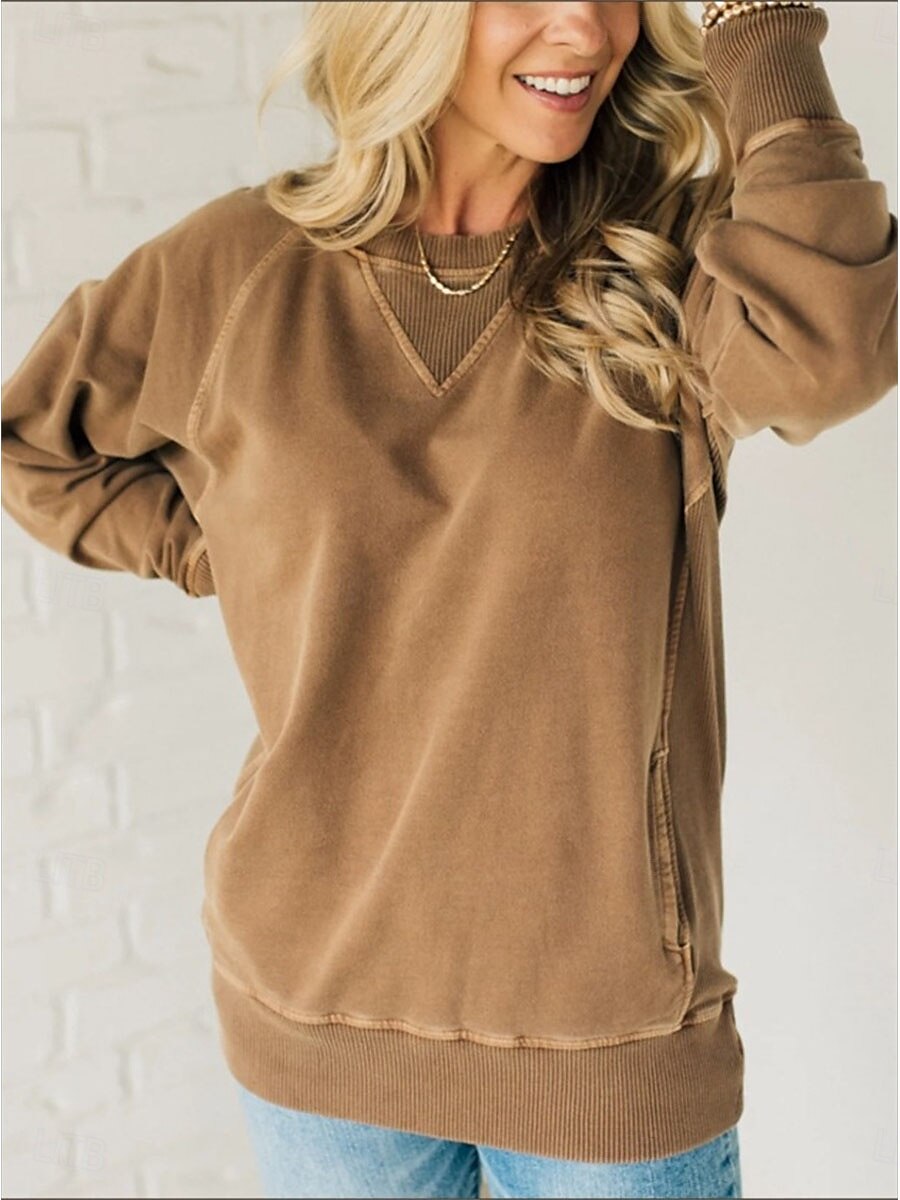 Sudadera de mujer, informal, lisa, para uso diario, con cuello redondo, bolsillo, manga larga, roja, caqui, gris, otoño e invierno 2025 - $55.99 –P3