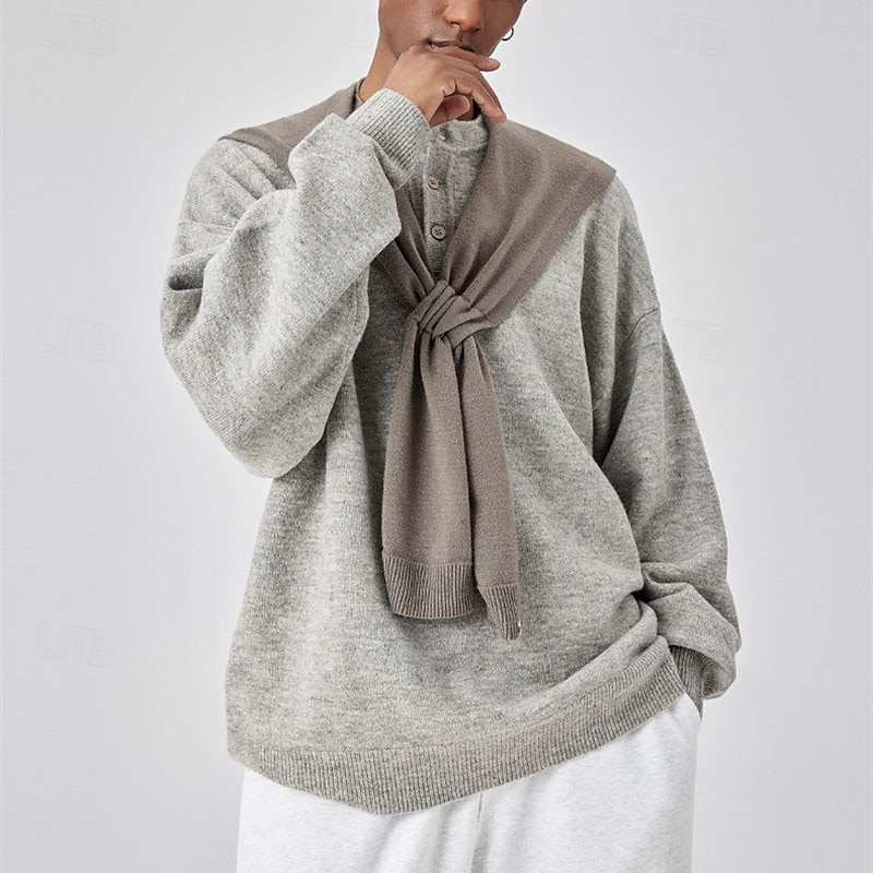 Men's Pullover Sweater Jumper Knit Sweater Pullover Polo Sweater Ribbed Knit Regular Knitted Plain Henley Fashion Basic Vacation Daily Wear Clothing Apparel Fall & Winter Black Light Grey M L XL 2025 - $23.99 –P12