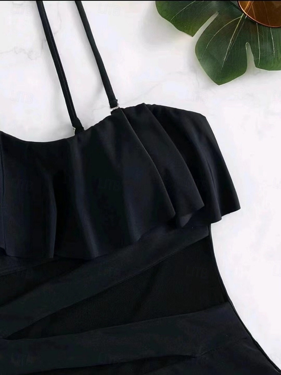 Dam Badkläder En bit Monokini Baddräkt Volang Nät Öppen rygg Magkontroll Hög midja Semester Standkläder Ensfärgat Halterneck Ärmlös Baddräkter 2025 - $28.99 –P6