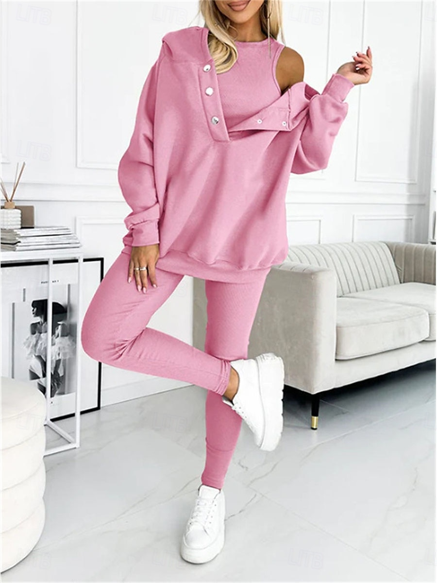 Conjunto de 3 piezas de ropa de estar por casa para mujer, sudadera con capucha coordinada con abertura en el hombro y pantalones deportivos, conjunto deportivo informal rosa, elástico, de moda para 2025 - $49.99 –P1