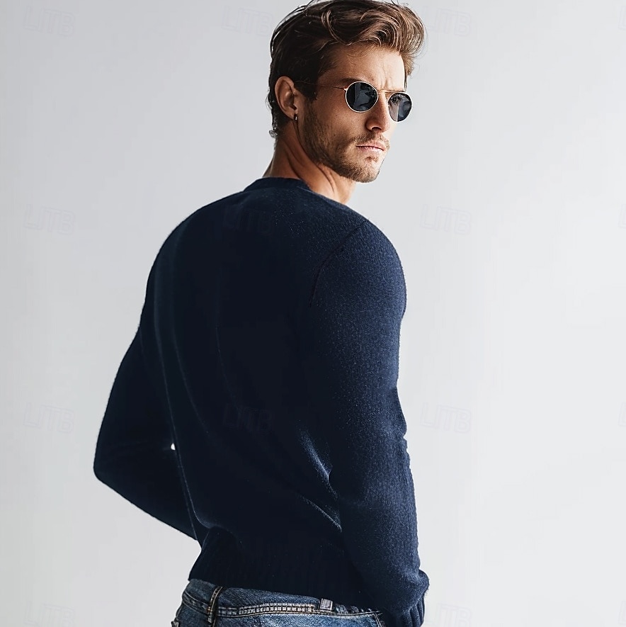 Herr Ulltröja Pullover tröja Sticka Ensfärgat Rund hals Stickat Elegant Skola Träning Kläder Höst Vinter Svart Vit S M L 2025 - $36.99 –P4
