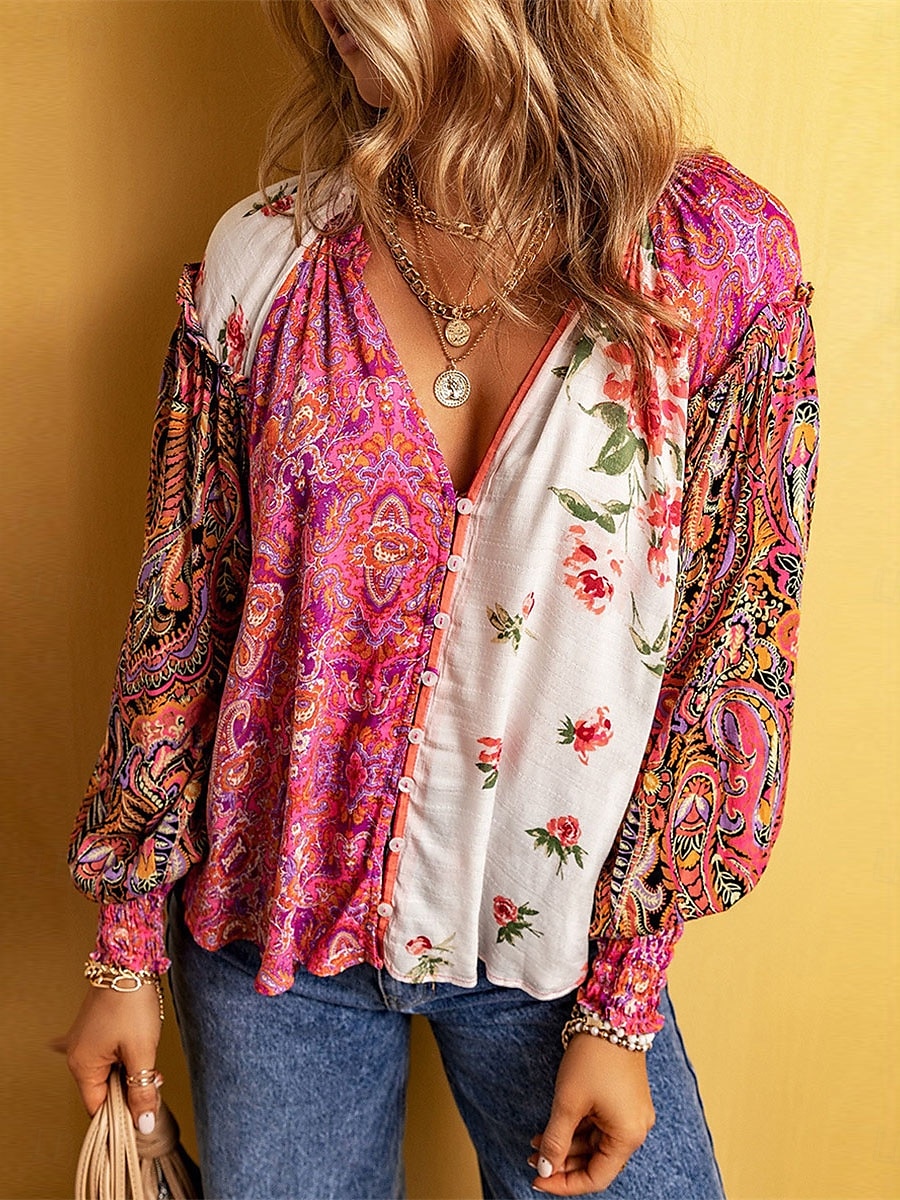 Women's Shirt Blouse Floral Casual Long Sleeve V Neck Regular Tops Daily Buttons Print Rainbow Fall Winter 2025 - $39.99 –P1