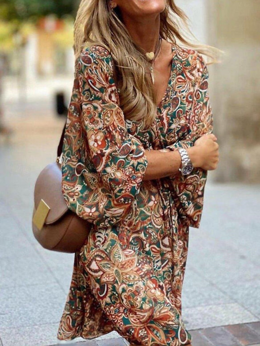 Per donna Mini abito Abito casual Abito linea A Abito boho Vintage Etnico Informale Giornaliero Standard Floreale Manica lunga A V Marrone Estate Primavera Autunno del 2025 a $35.99 –P4