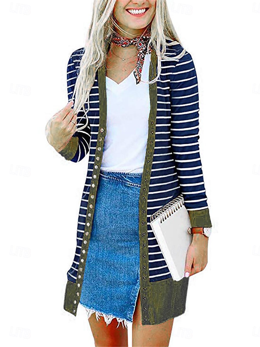 Women's Casual Jacket Outdoor Street Daily Wear Fall Winter Long Coat Regular Fit Thermal Warm Breathable Stylish Casual Jacket Long Sleeve Striped Print Dark Grey Army Green Blue 2025 - $39.99 –P2