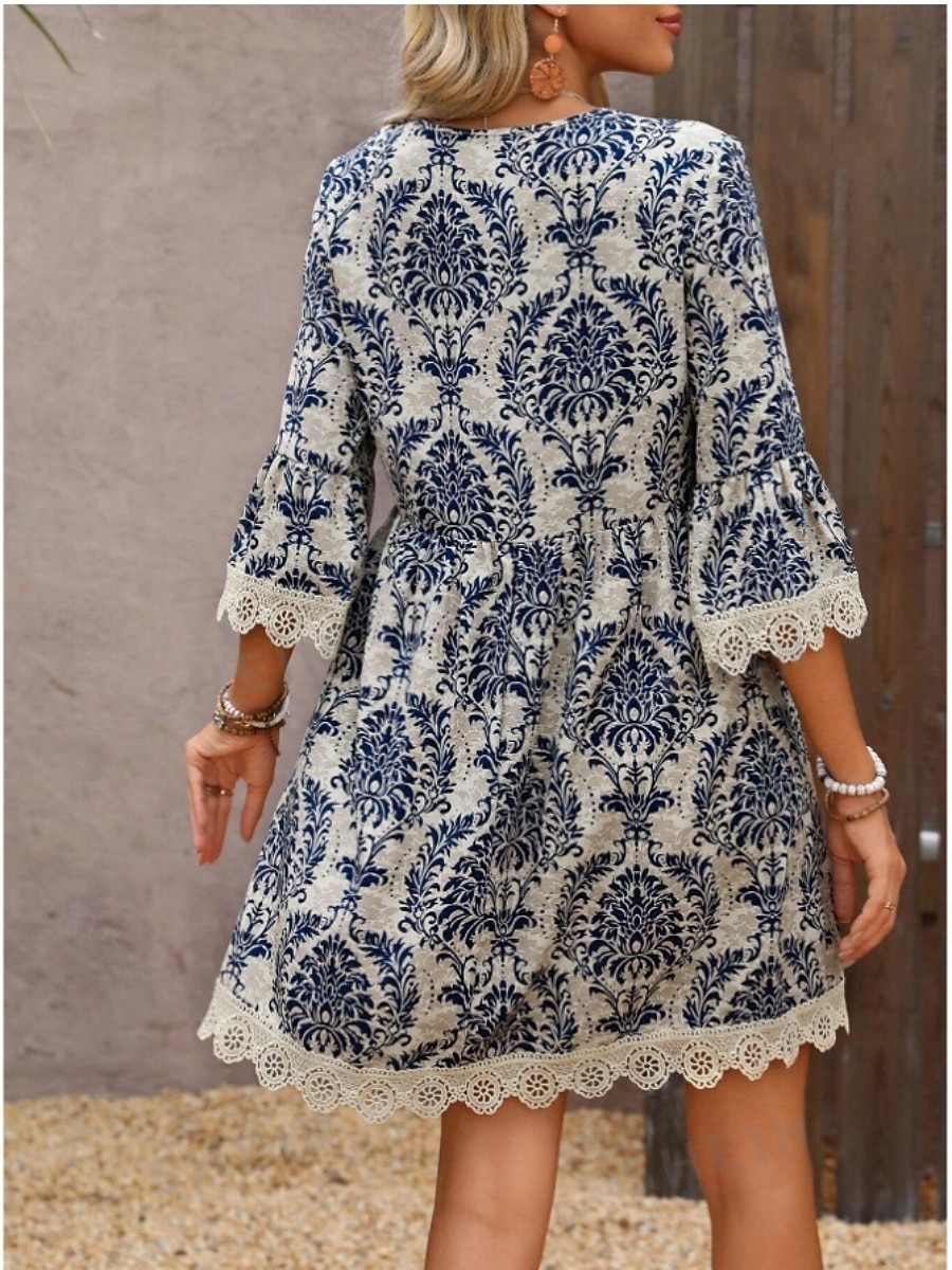 Damen Minikleid Casual kleid Boho-Kleid Brautkleider schlicht Täglich Regular Fit Blumen 3/4 Ärmel V Ausschnitt Wein Blau Grün Sommer Frühling Herbst 2025 - $35.99 –P4