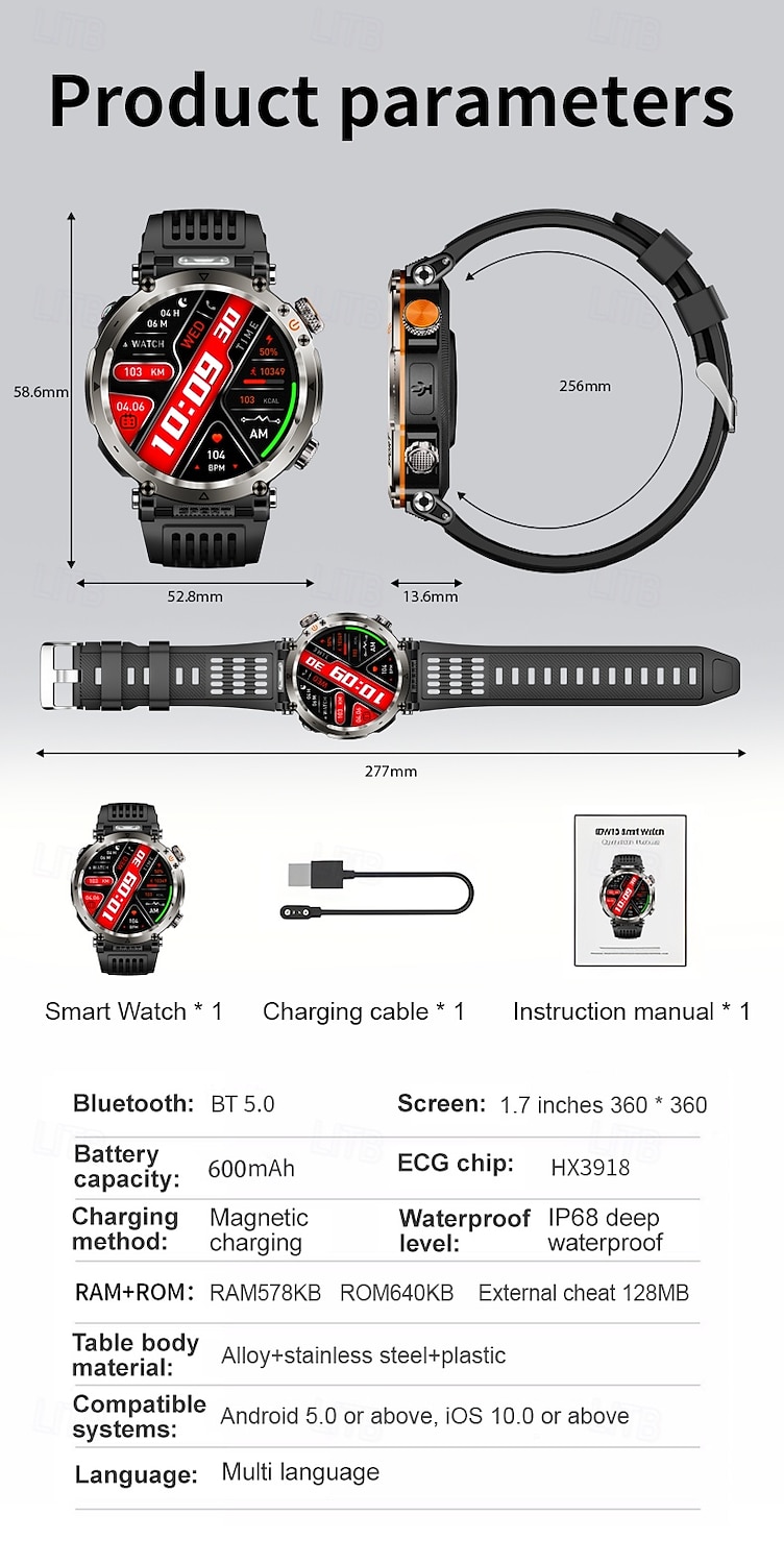 HT30 Smart Watch Rugged Military Men's 1.7 inch 600mAh Battery Compass Sports Fitness Watches Bluetooth Call Smartwatch 2025 - $43.99 –P15