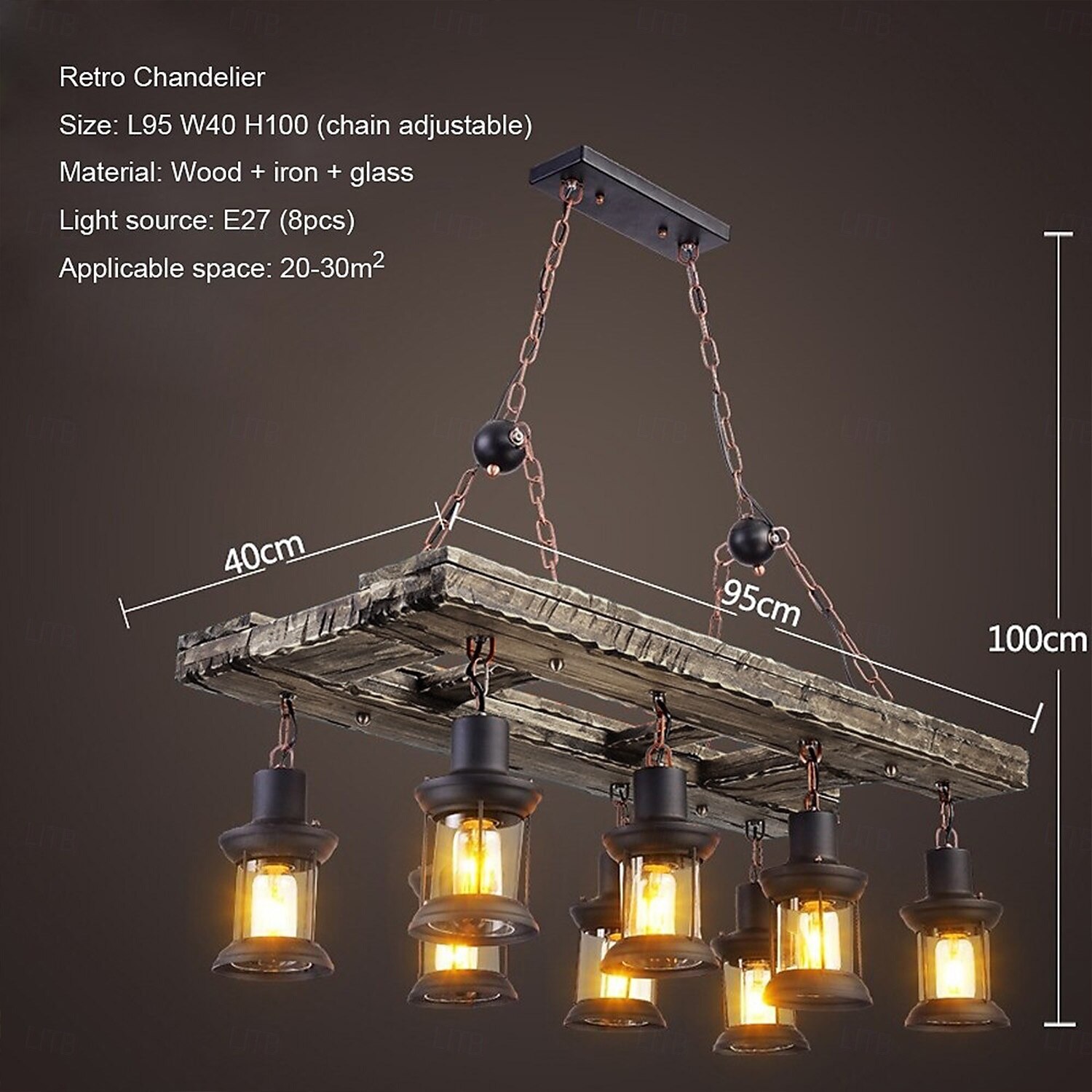 95cm LED longue bande rétro lustre en bois avec abat-jour en verre corde suspension 8 têtes blanc chaud lumières luminaire décoratif rétro rustique antique plafonnier AC110V AC220V de 2025 ? $549.99 –P6