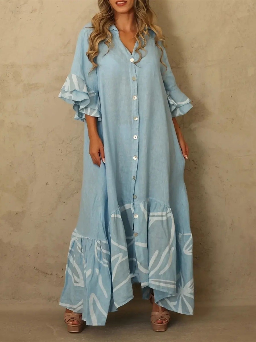 Naisten Pitkä mekko Maxi mekko Pellava-inspiroidut mekot Paitamekko Rento mekko Painatus mekko Katutyyli Vapaa-aika ulko- Päivittäin Bile Loose Fit Geometria 3/4 hiha Paitapuserokaula-aukko Valkoinen 2025 - $36.99 –P5