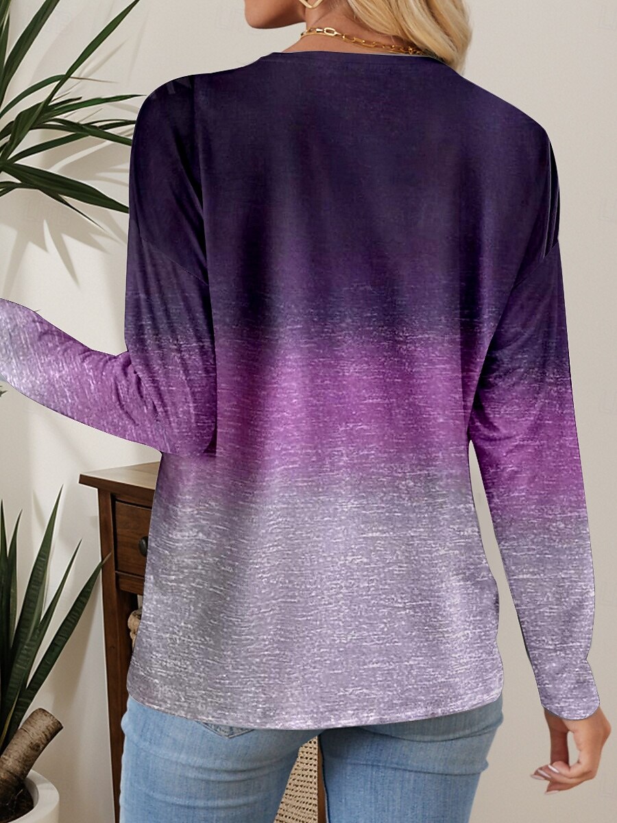 Women's Tunic T Shirt Ombre Stylish Casual Long Sleeve V Neck Regular Tops Daily Buttons Print Purple Spring Fall 2025 - $27.99 –P3