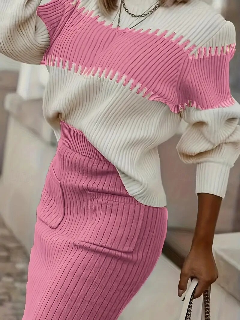 Damen Pullover-Koords Elegant Modisch Täglich Farbblock Gerippt Rundhalsausschnitt Vordertasche Langarm Normale Oberteile Stricken Arbeit Schwarz Rosa Herbst Winter 2025 - $52.99 –P6