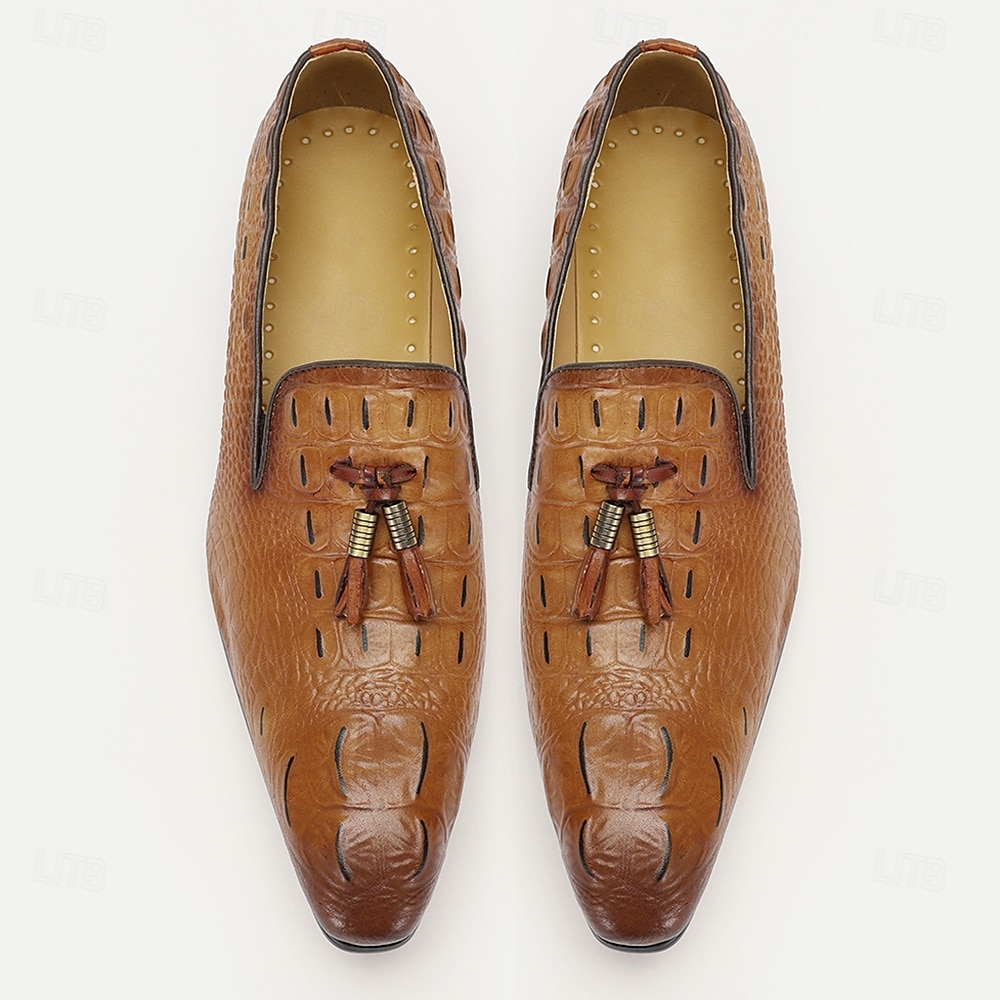 Men's Tan Crocodile Embossed Leather Loafers with Tassel Detail – Premium Cowhide Formal & Casual Dress Shoes 2025 - $109.99 –P4
