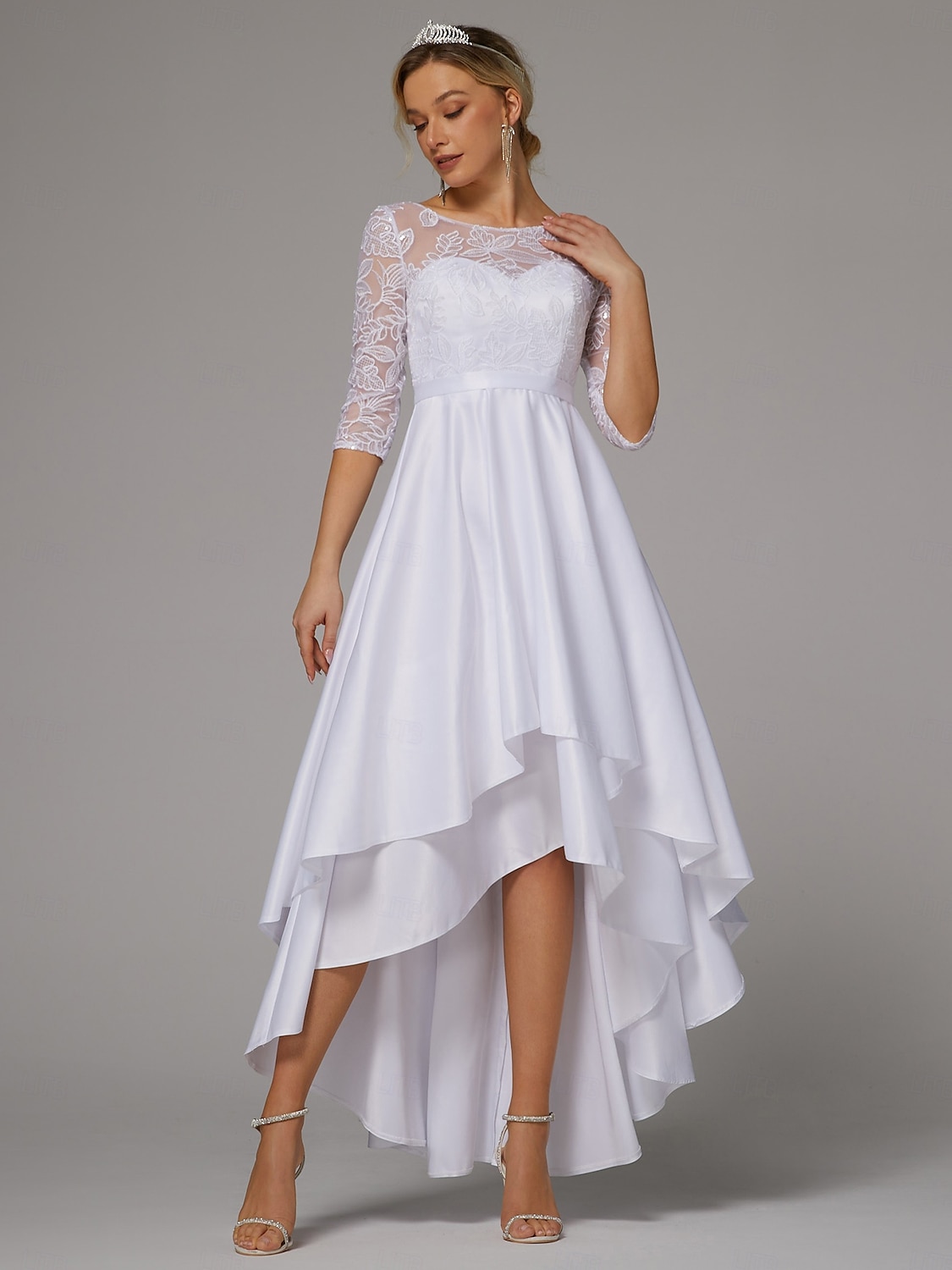 Abiti da sposa abito A-Line collo a barca maniche lunghe asimmetrico abiti da sposa in satin con pieghe mono colore del 2025 a $161.99 –P2