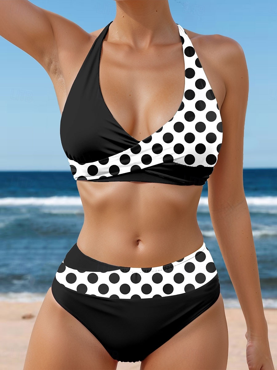 Женские купальники Бикини 2 предмета Обтягивающий купальник Без спинки Отпускной пляжный наряд в горошек С воротником-халтер Без рукавов 2025 - $29.99 –P1