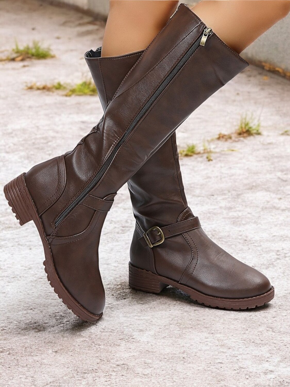 botas femininas marrons de cano alto com zíper lateral e fivela, salto baixo e design durável – perfeitas para uso casual e ao ar livre de 2025 por $42.99 –P5