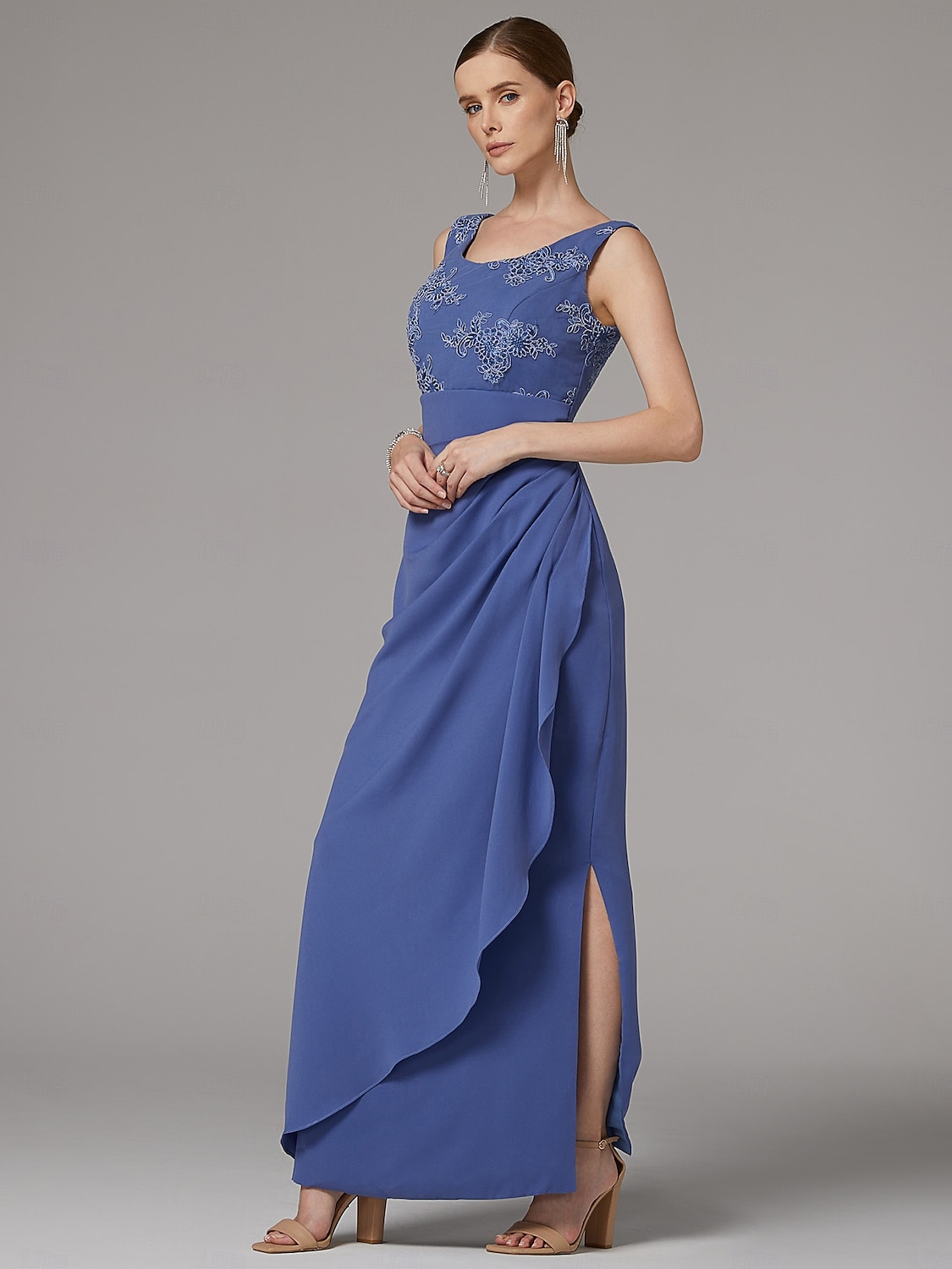 Twee Delige Sheath Jurk Strandbruiloft Moeder van de Bruid Jurk Elegante Sprankel  Glans Juweel Hals Enkele Lengte Kant Stretch Stof 3/4 Lengte Mouw met Kant 2025 - $189.99 –P4