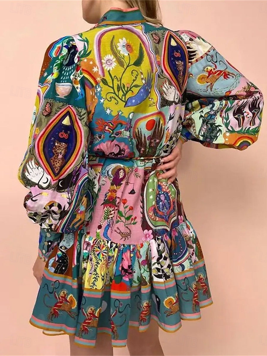Femme Mini robe Robe casual robe boheme Bohême Rétro Vintage Ethnique du quotidien Standard Floral manche longue Col de Chemise Arc-en-ciel Eté Printemps Automne de 2025 ? $41.99 –P2