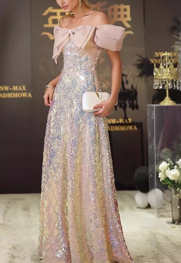 Robe de bal A-Line robe élégante de mariage formel longue à partir du sol à manches courtes sans épaule robe à sequins avec nœud(s) pailleté(s) de 2025 ? $99.99 –P4