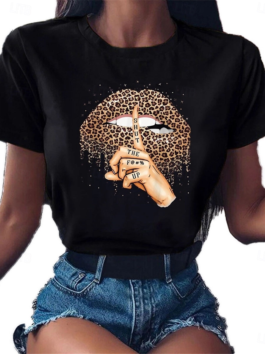 Dames T-shirt Luipaard Mond Modieus Modern Casual Korte mouw Strakke ronde hals Normale tops Dagelijks Weekend Zwart Zomer 2025 - GBP £19 –P3