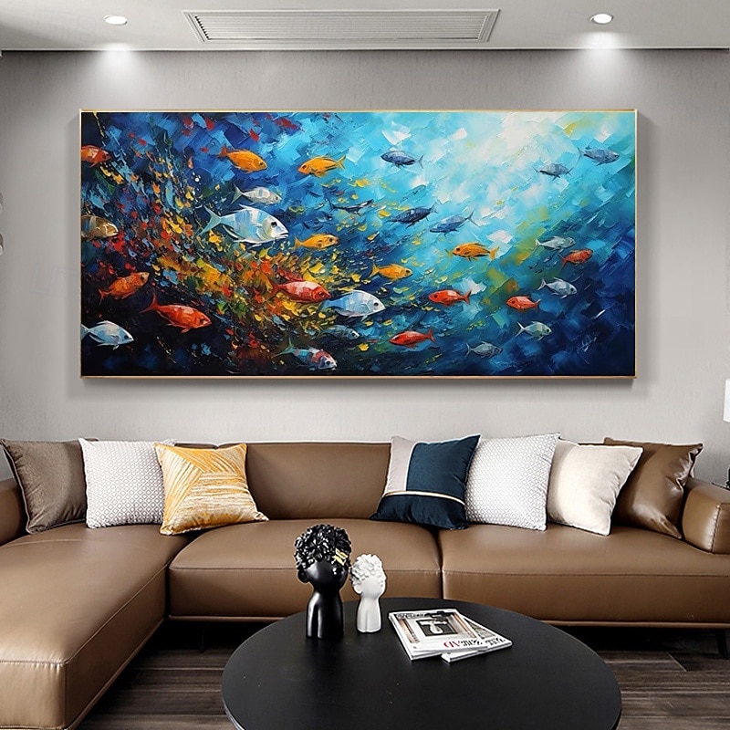 Pintura en lienzo de peces marinos azules abstractos hecha a mano, arte nórdico, grafiti, tamaño grande, decoración moderna para sala de estar, imagen sin marco 2026 - $131.99 –P3
