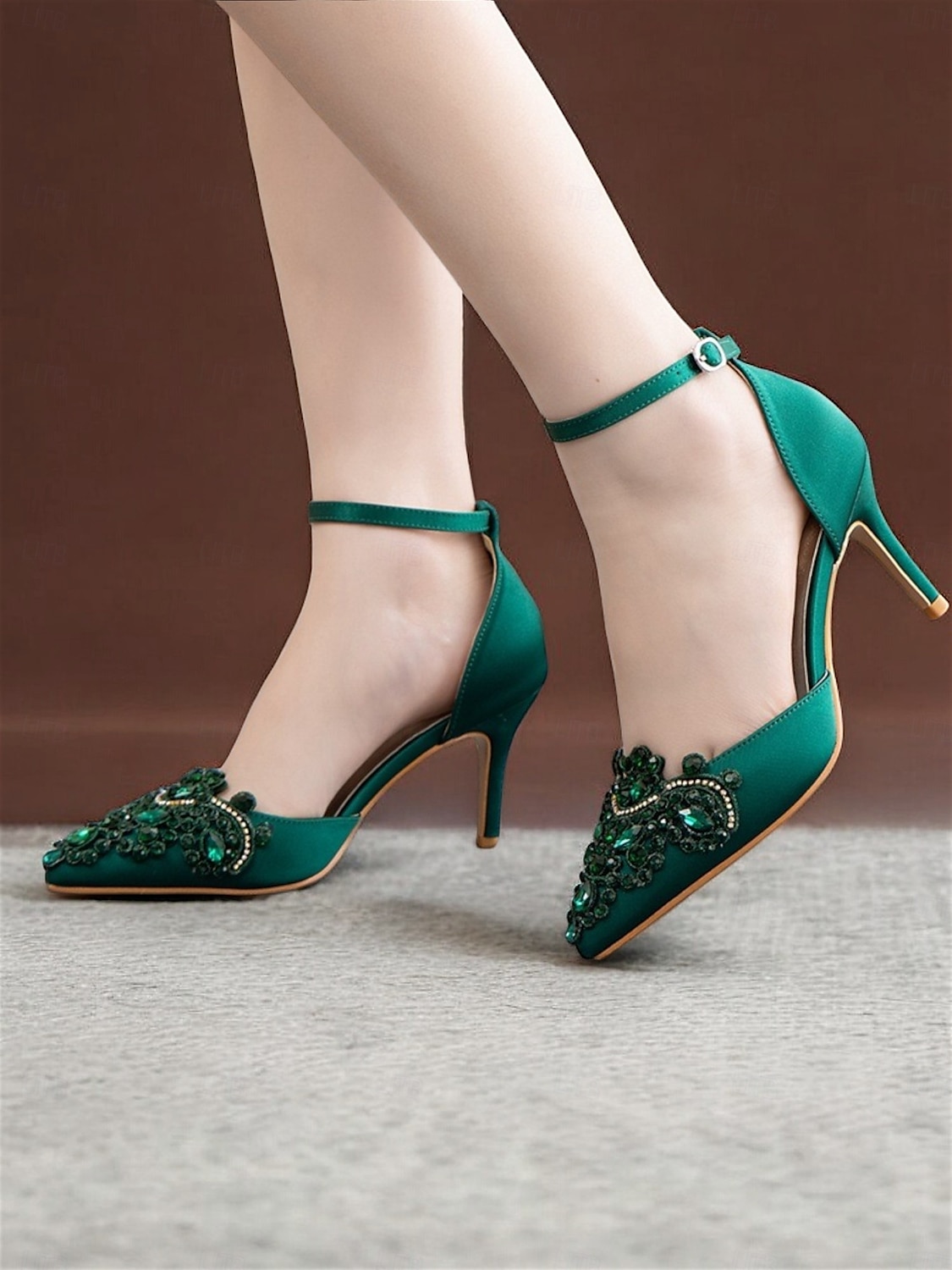 Women's Emerald Green Satin Ankle Strap Heels – Pointed Toe Cocktail Shoes with Crystal Embellishments for Parties and Weddings 2026 - $59.99 –P5
