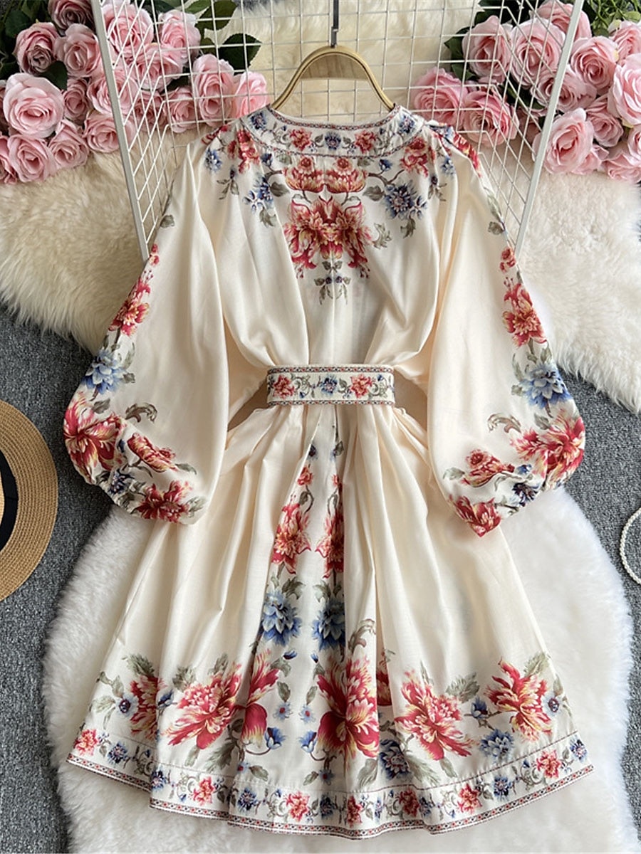 Femme Robe mi-longue Robe casual Robe Évasée Robe Trapèze robe boheme Rétro Vintage Décontractées du quotidien Standard Floral manche longue Col V Bleu de minuit Beige Printemps Automne de 2025 ? $74.99 –P4