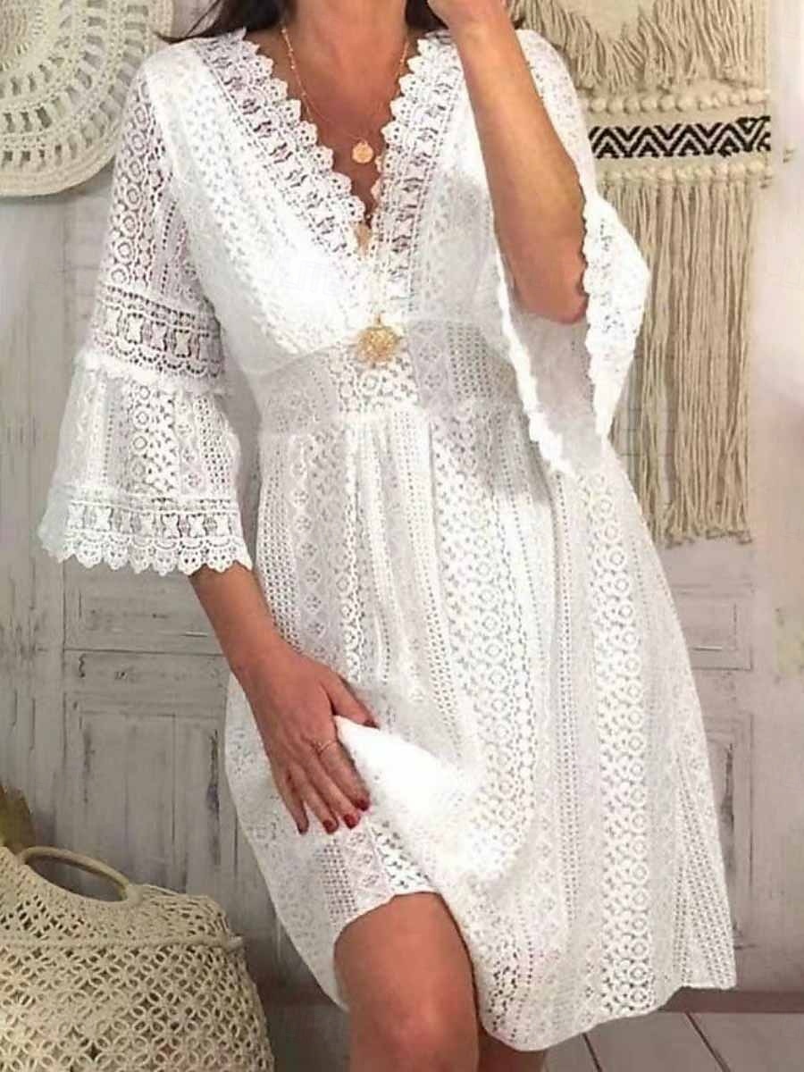 Pentru femei Rochie Mini Rochie albă Rochie de dantela Rochie casual Rochie Boho Casual Sporturi & Exterior Stradă Fit regulat Simplu Lungime Manșon 3/4 În V Alb Caisă Vară Primăvară Toamnă 2025 - $29.99 –P2