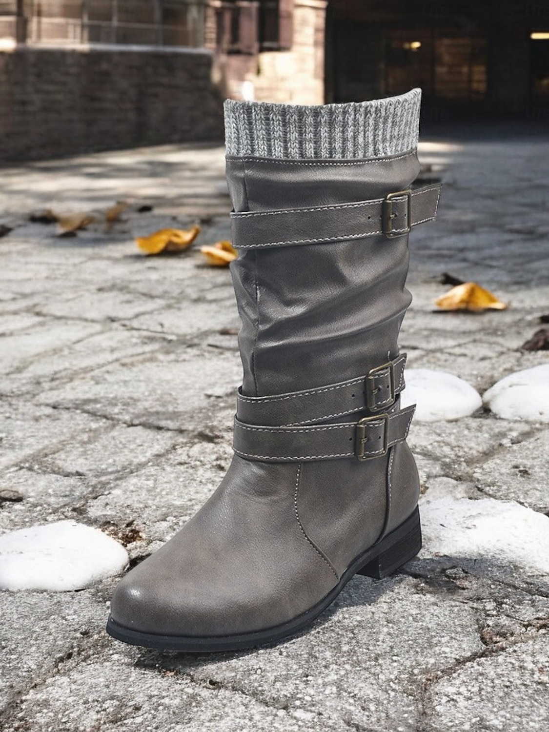 damskie buty ze skóry ekologicznej do połowy łydki z dzianinowym mankietem i podwójnymi paskami ze sprzączką – wygodne i stylowe obuwie zimowe 2025 - $42.99 –P3