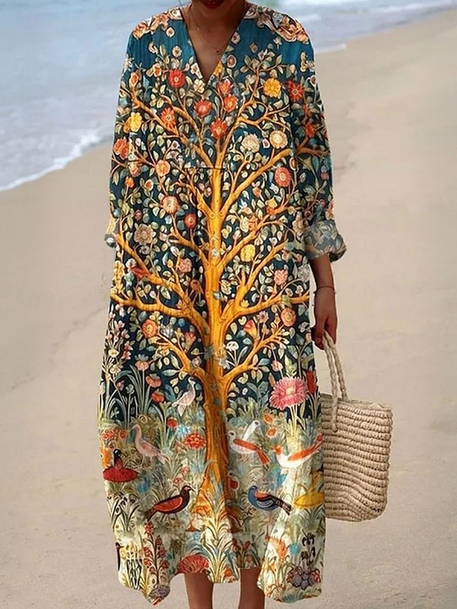 Women's Maxi Dress Linen-Inspired Dresses Casual Dress Swing Dress Casual Daily Regular Fit Floral Long Sleeve V Neck Navy Blue Khaki Beige Summer Spring Fall 2025 - $36.99 –P3