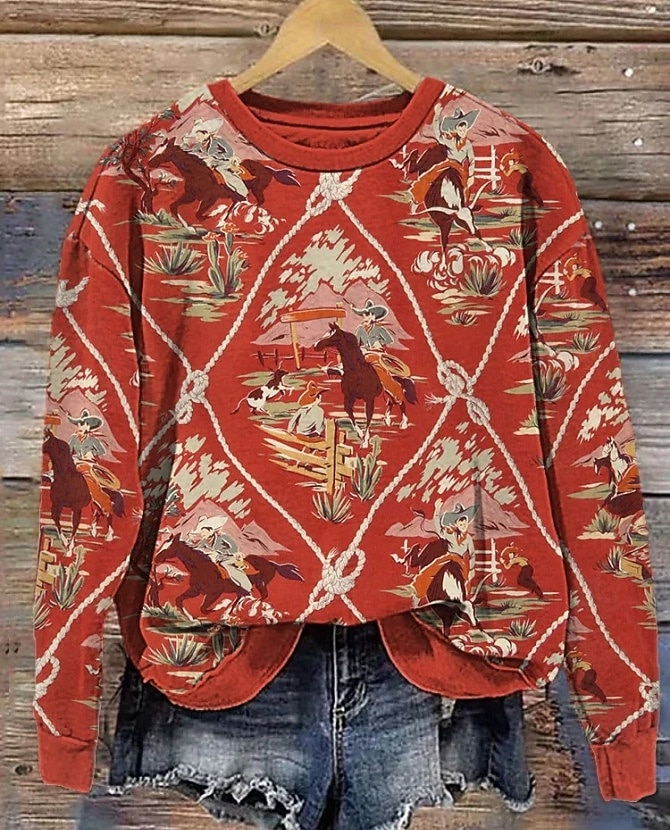 Women's Sweatshirt Vintage Western Print Graphic Plaid Tribal Home Work Casual Round Neck Patchwork Print Long Sleeve Red Fall & Winter 2025 - $29.99 –P2