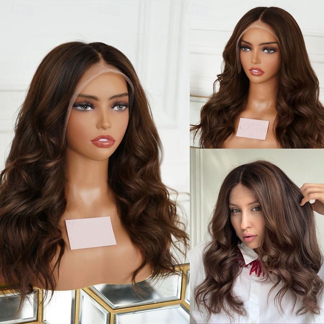 Perruque Cheveux vierges non transformés Fermeture 5x5 13x4 devant en dentelle Cheveux Brésiliens Ondulé Marron Partie libre Femme Densité 130% 150% avec des cheveux de bébé 100% vierge Sans colle de 2025 ? $235.59 –P4