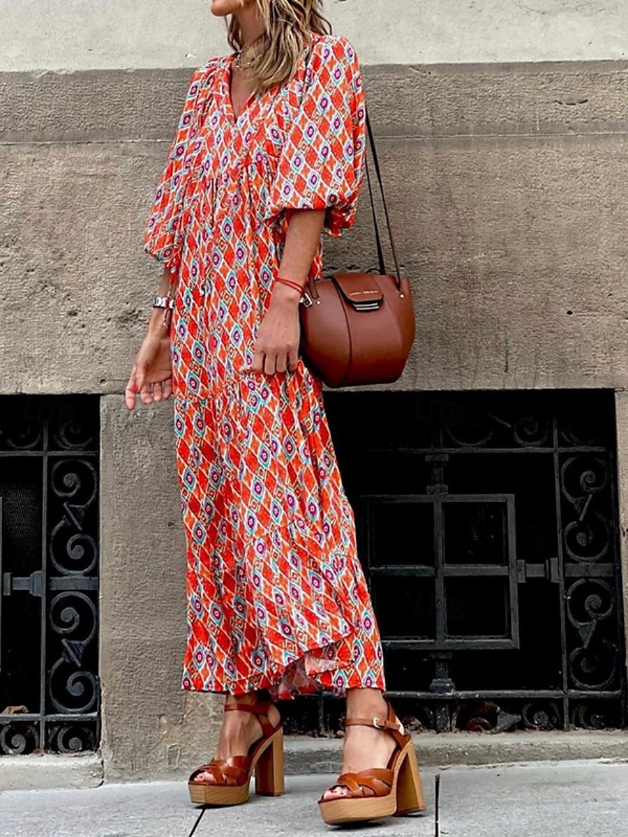 rochie maxi dama cu decolteu in V geometric cu maneca 3/4 vara primavara 2025 - $41.99 –P2