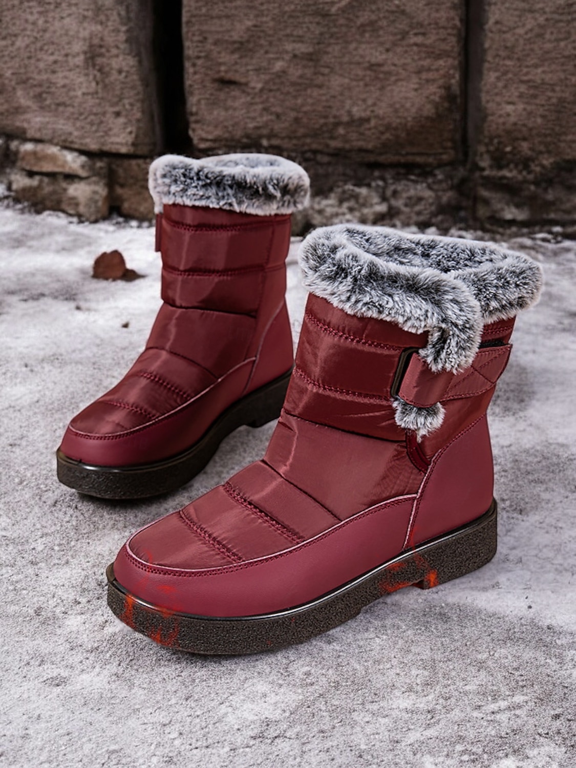 stivali da neve invernali impermeabili da donna - design trapuntato bordeaux con fodera in pelliccia sintetica e cinturini regolabili per il freddo all'aperto del 2025 a $32.99 –P1