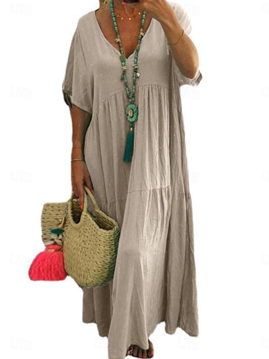 Femmes Vert militaire Orange Kaki Été Robe maxi Robes inspirées du lin Élégant Mode Bureau Quotidien Coupe Ample Col en V de 2025 ? $32.99 –P4