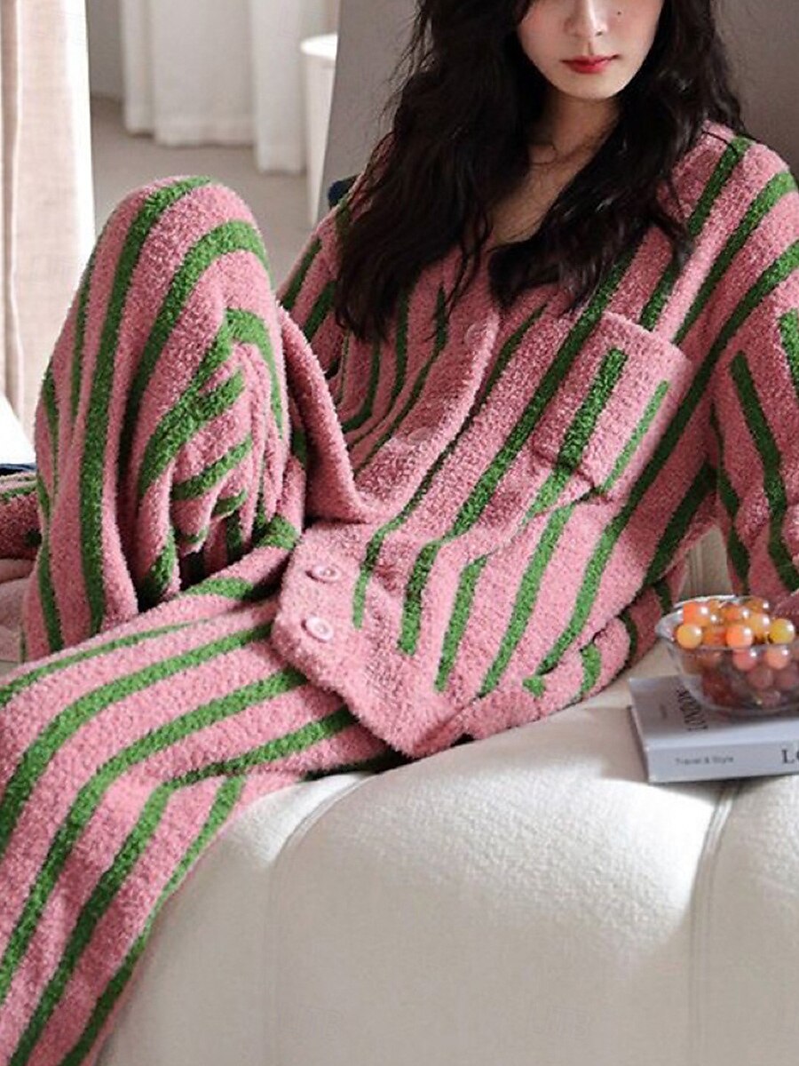 Women's Pajamas 2 Pieces Graphic Warm Fashion Home Sherpa Warm V Neck Long Sleeve Cardigan Pant Fall Winter Home Outfits 2025 - $66.99 –P3