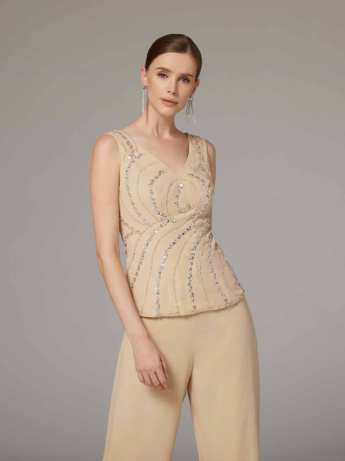 Combination  Pantalon Mère de la Mariée  Ensemble de 3 Pièces de Mariage à la Plage Élégante Luxueuse Col en V Longueur de Sol Chiffon Dentelle Sans Manches Enveloppement Inclus avec Broderies Sequin de 2025 ? $179.99 –P6