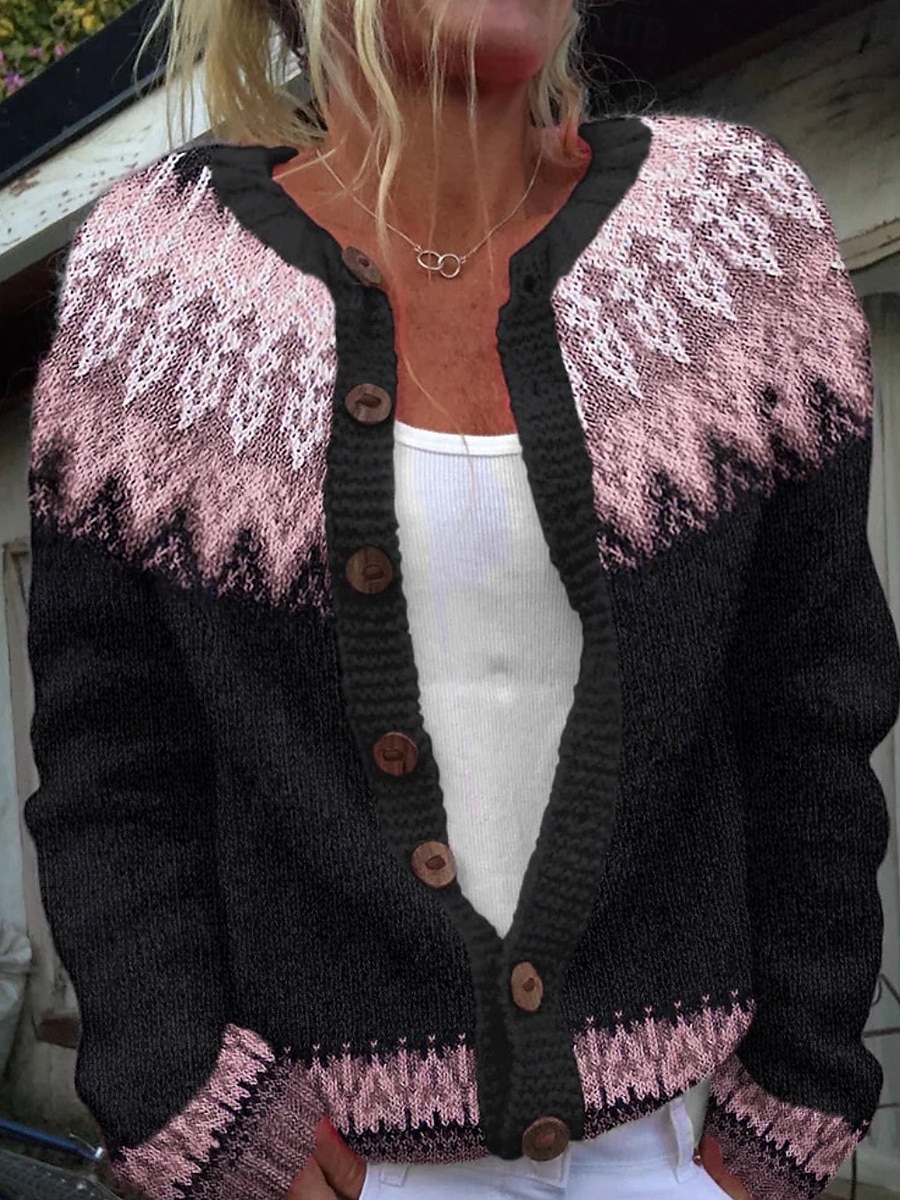 Dame Genser Kofte Fritid Myk Blomstret Riflet Crew-hals Knapper Lomme Strikket Langermet Vanlige topper Strikke utendørs Daglig Helg Svart Hvit Høst Vinter 2025 - $45.99 –P4